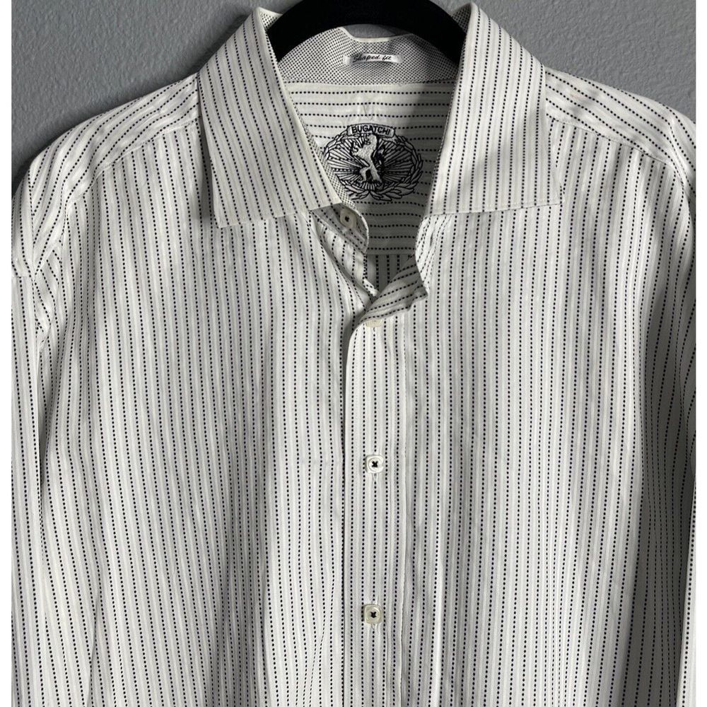 Bugatchi UOMO White & Black Striped‎ Long Sleeve Button Down Men's Shaped Fit